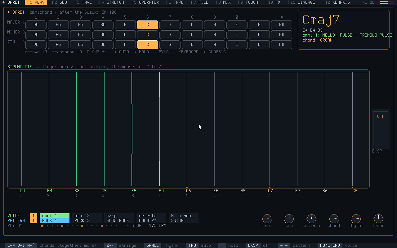 the PLAY page: the OM-108's chord buttons and strumplate