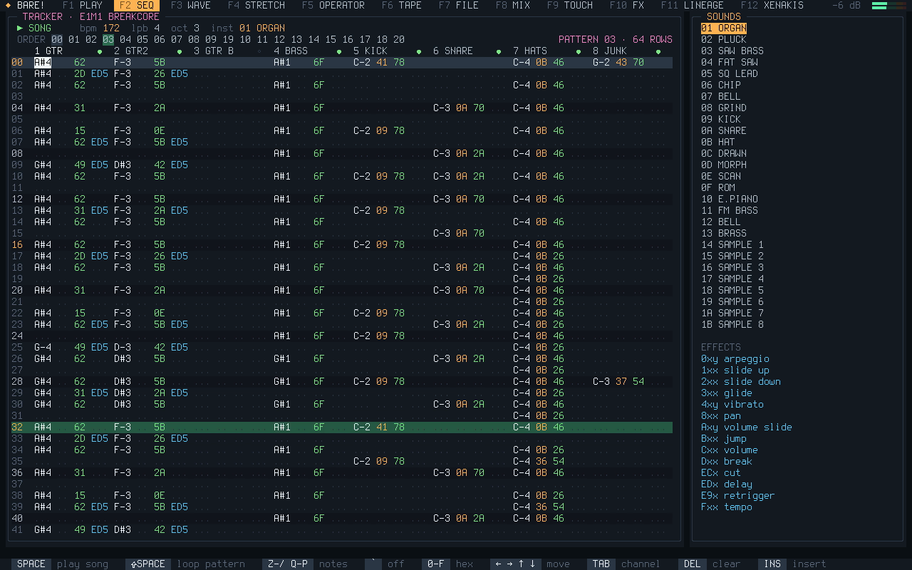 the tracker playing Freedoom's E1M1, arranged as breakcore