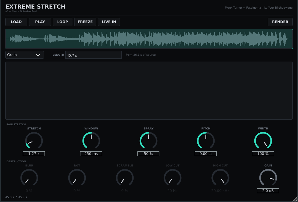 The same plugin in Grain mode, with the spectral controls greyed out and SHAPE renamed to SPRAY.