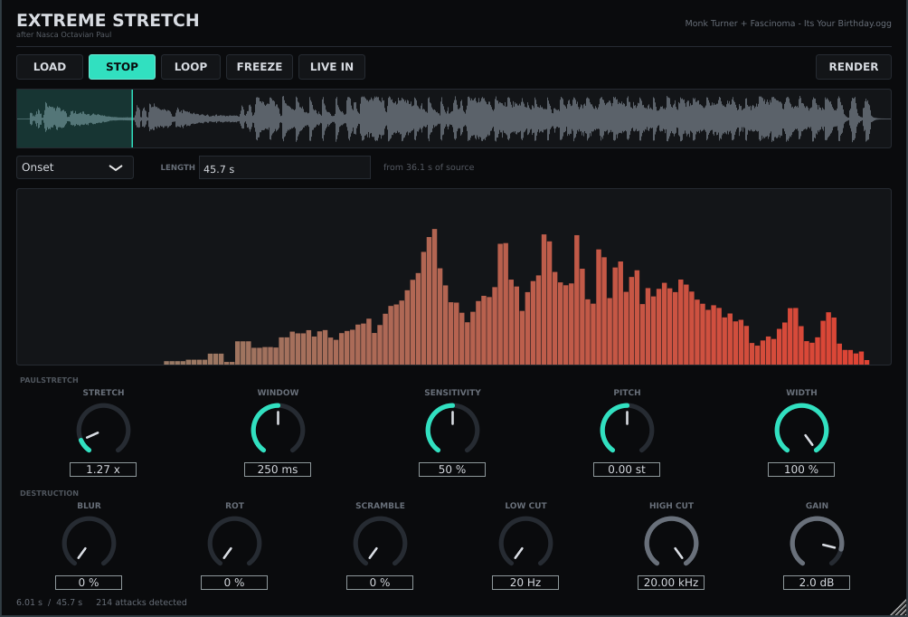The Extreme Stretch plugin: waveform, spectrum, and two rows of knobs on a dark interface.