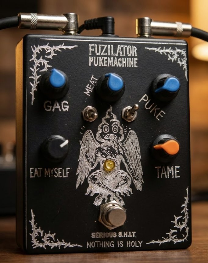 The Fuzilator PukeMachine: a black enclosure with a hand-engraved panel and knobs labelled GAG, MEAT, PUKE, EAT MYSELF and TAME