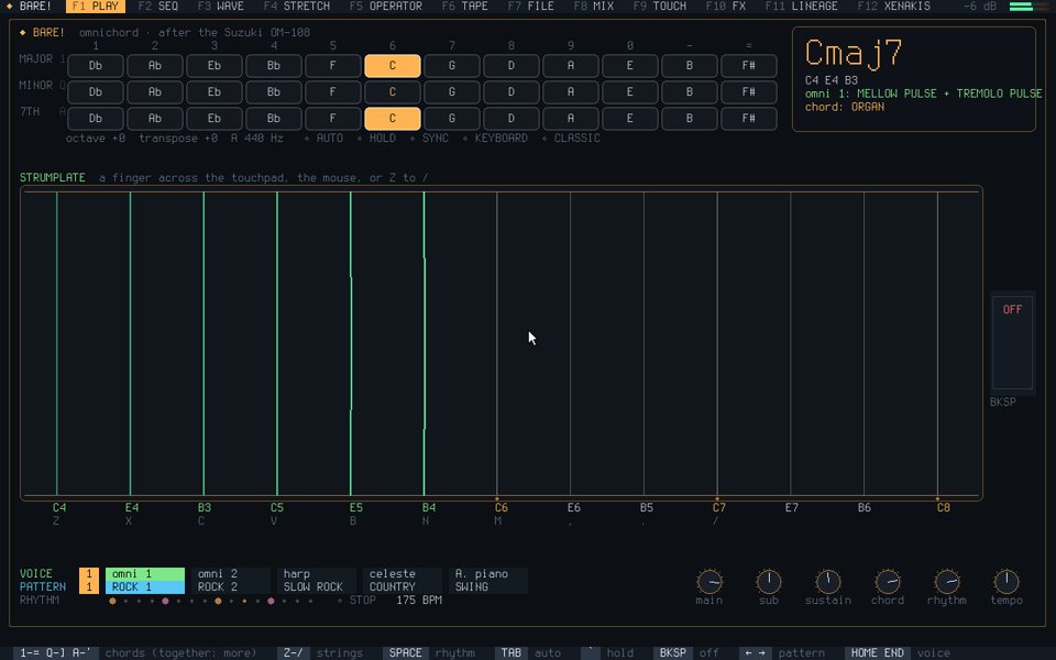 BARE!'s PLAY page, an omnichord on the screen