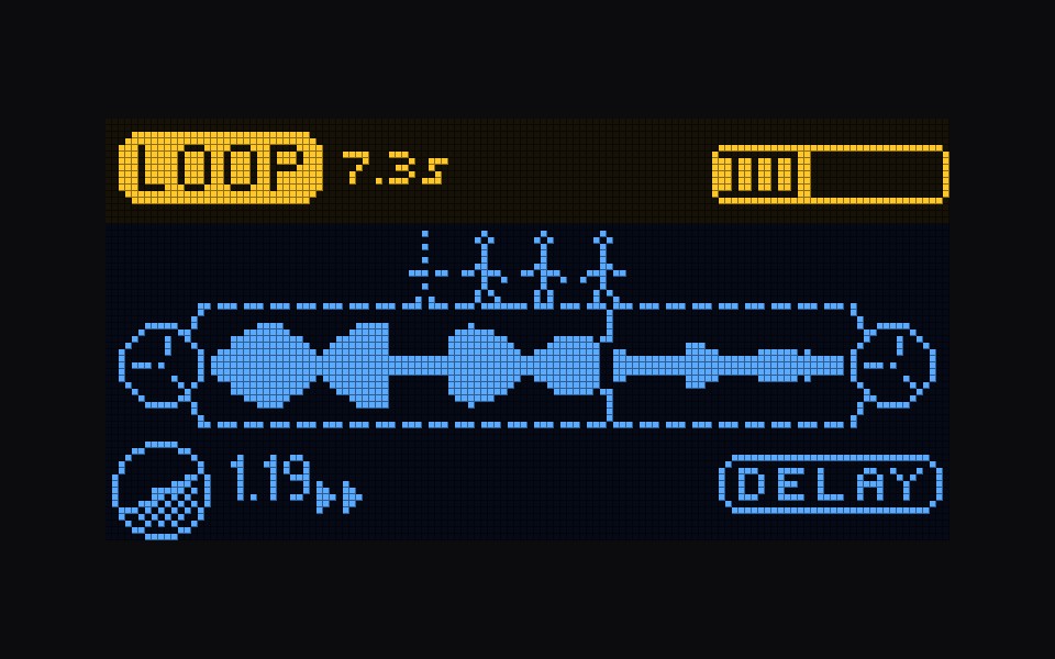 The Samplooler screen: a tape between two reels, the stick-figure operator running on it with three delay echoes behind