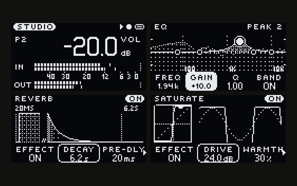 Four of TWOFOLD's screens: volume, EQ, reverb and saturation