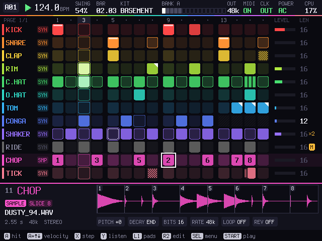 RHYTHM's PATTERN screen: twelve coloured tracks of sixteen steps, and under them the CHOP track's break cut into eight slices