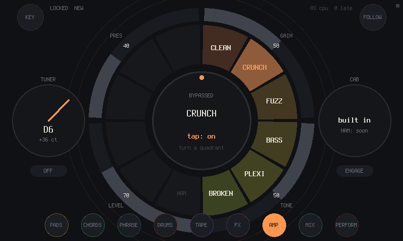 The AMP page: six amp voicings around the hub, CRUNCH selected, a tuner on the left