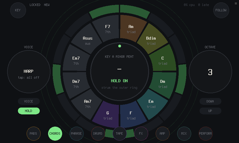 The CHORDS page: the chords of A minor with sevenths around the hub, the harp voice on