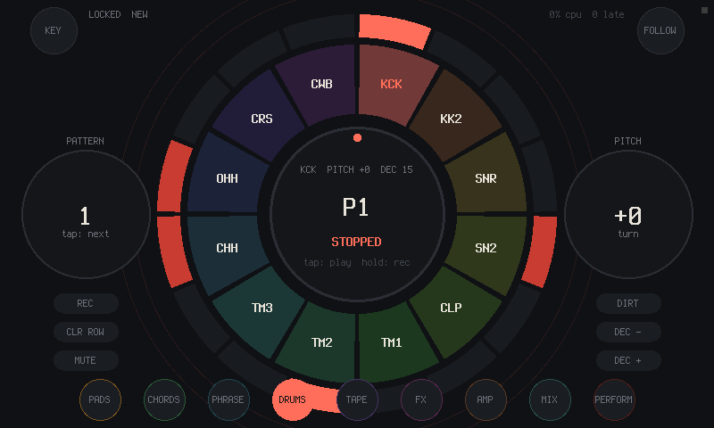 The DRUMS page: twelve drums around the hub, pattern 1, pitch on the right disc