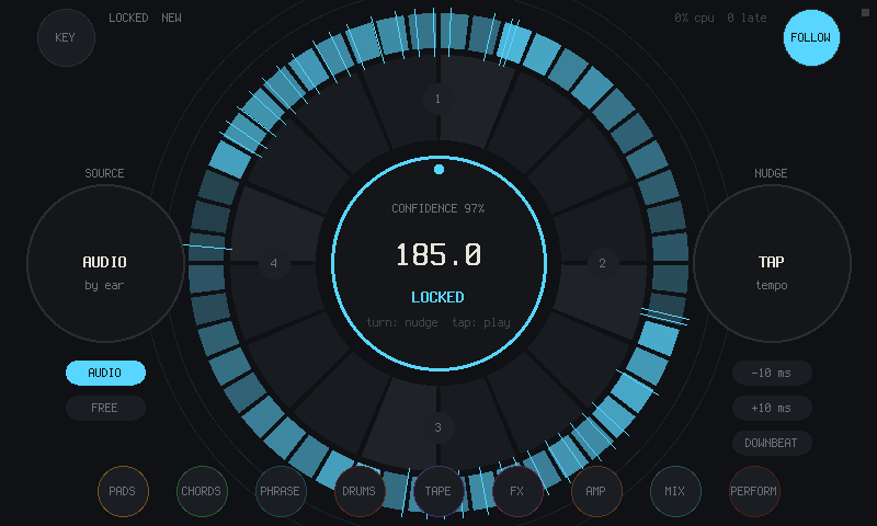 The FOLLOW page: 185.0 BPM, locked, confidence 97 percent, the onsets drawn around the ring