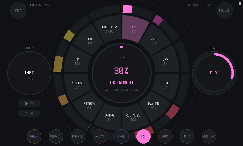 The FX page: twelve effect amounts around the hub, delay at 30 percent