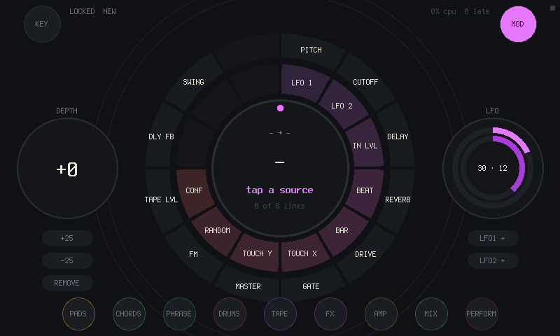 The MOD page: modulation sources on the inner ring, targets on the outer ring