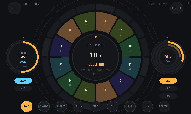 RING's round screen going through ten of its pages: pads, the beat follower, chords, drums, effects, modulation, the amp, the mixer, perform and key