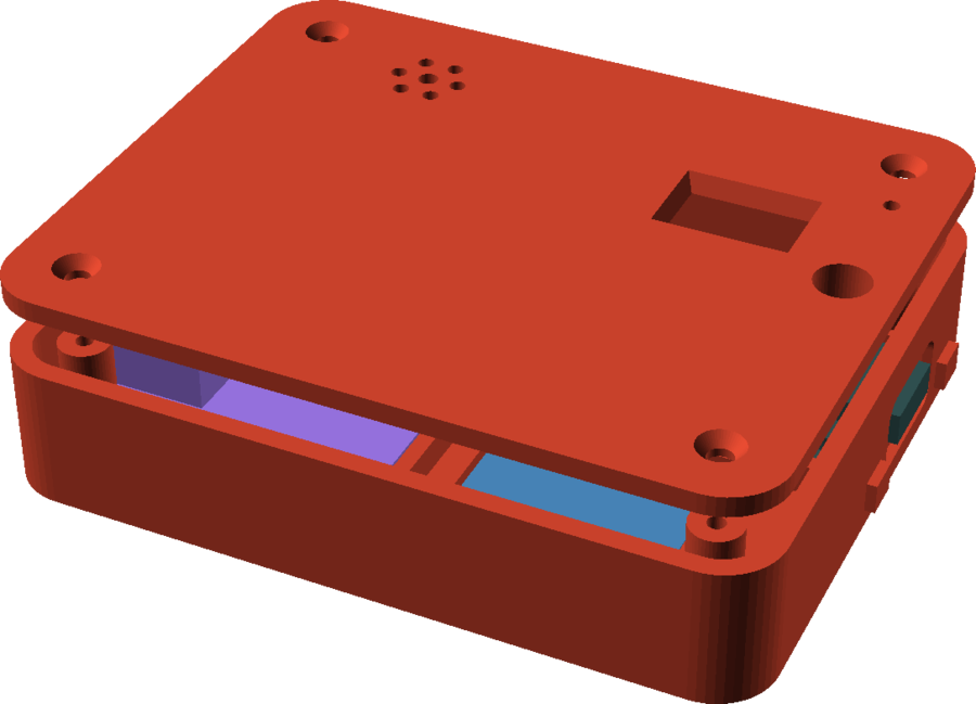 The Samplooler case, rendered: a small red box with a screen window and a microphone grille.