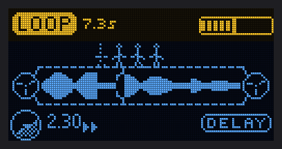The screen while a loop plays with the delay on: the tape between two reels, and three ghost runners trailing the stick-figure operator.