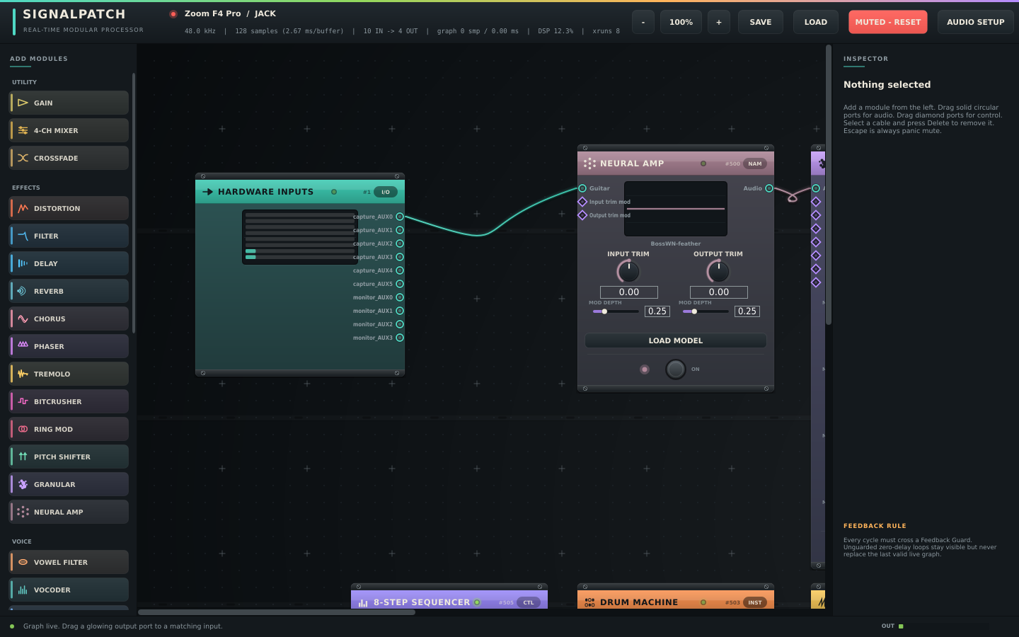 SignalPatch rack: Neural Amp, granular, sequencer, drum machine and synth modules patched together with coloured cables