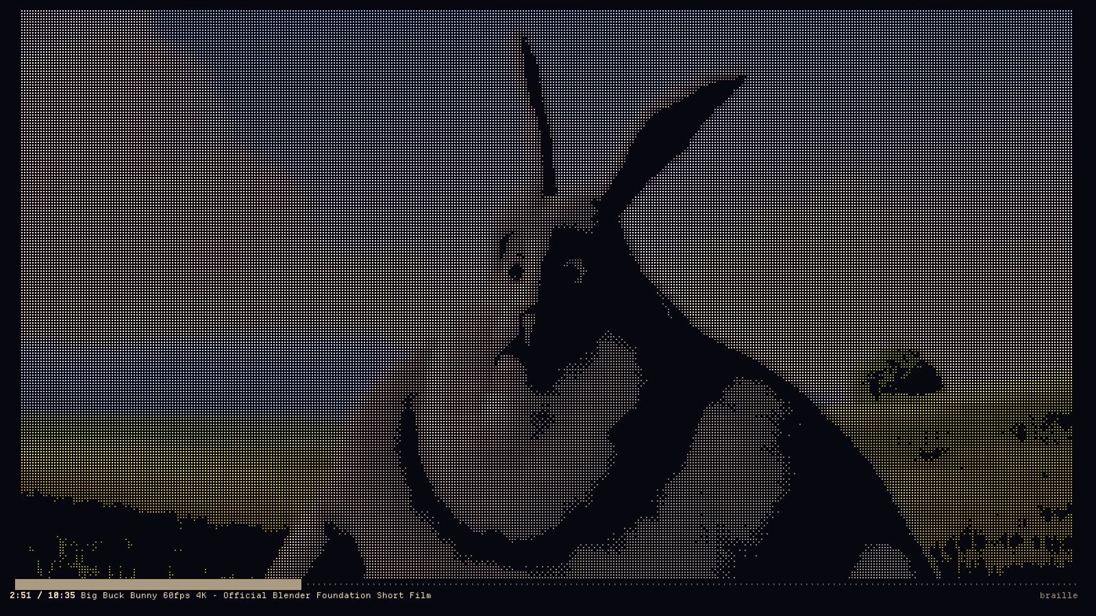 Big Buck Bunny rendered as coloured braille dots in a terminal