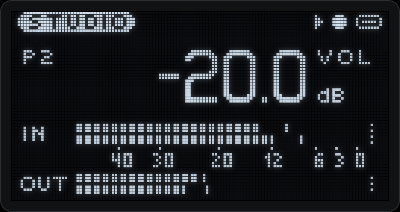 The home page: volume in dB, input and output meters