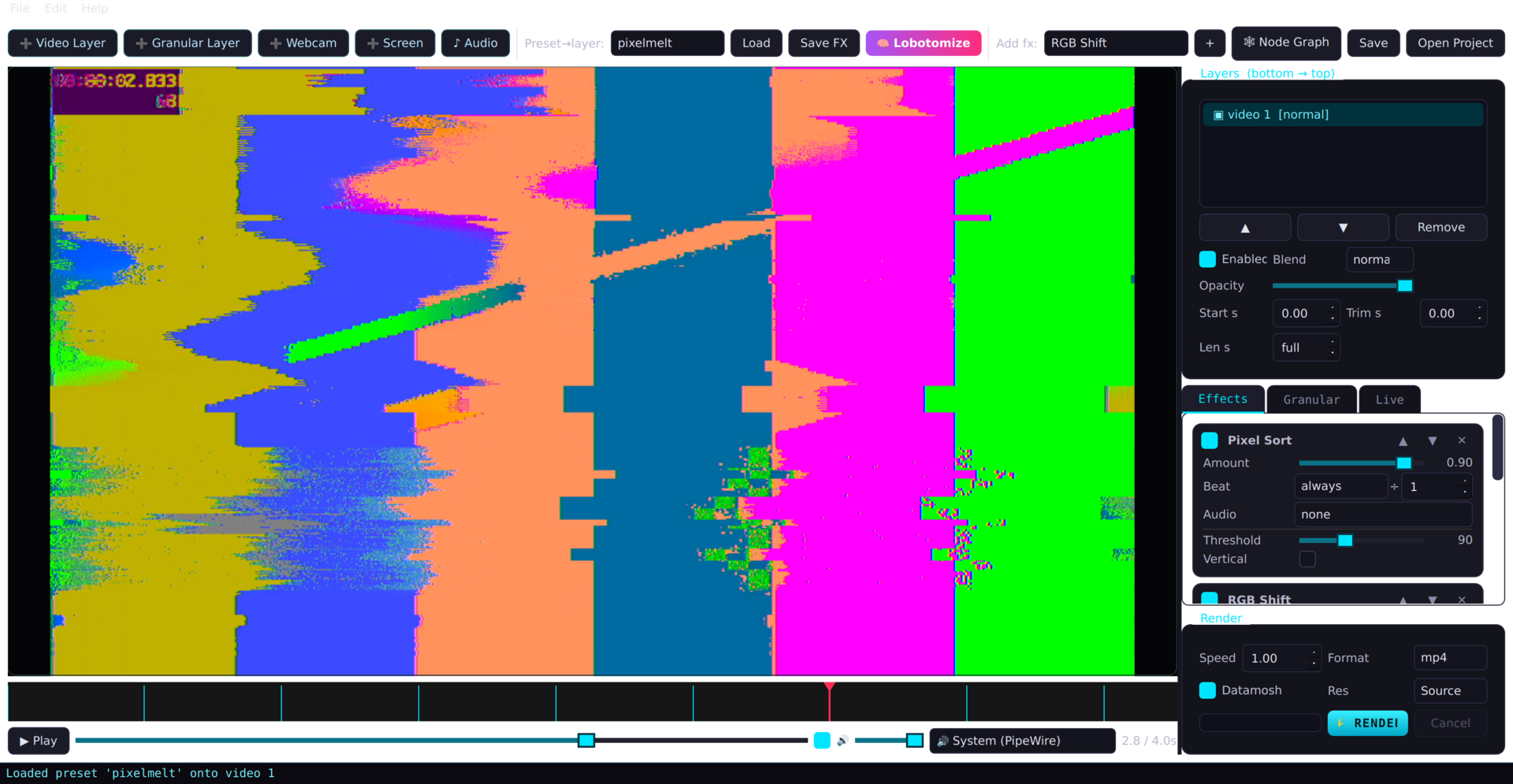 Pixel-sort melt preset in the editor