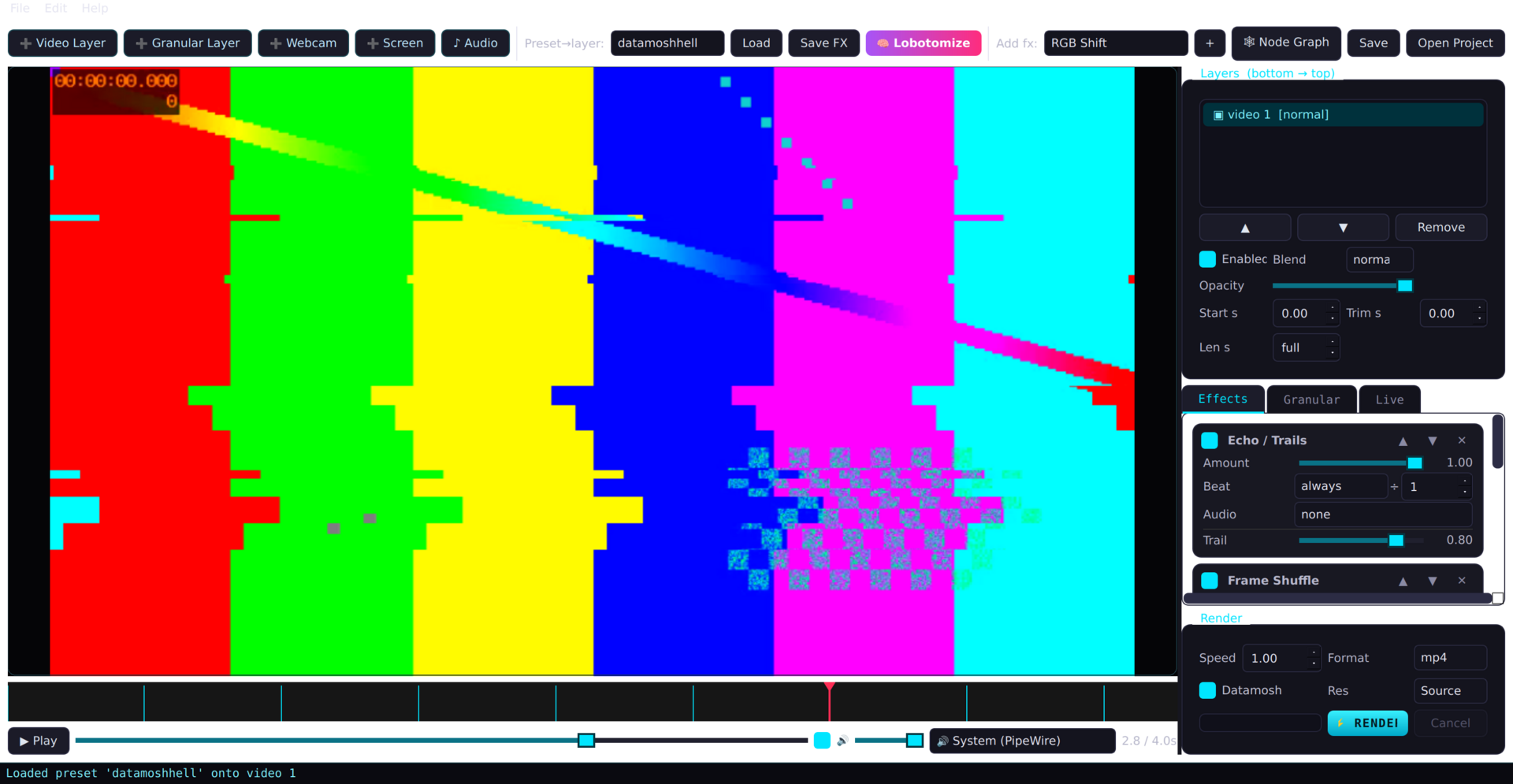The Crazy Video Glitch Editor with a datamosh chain running