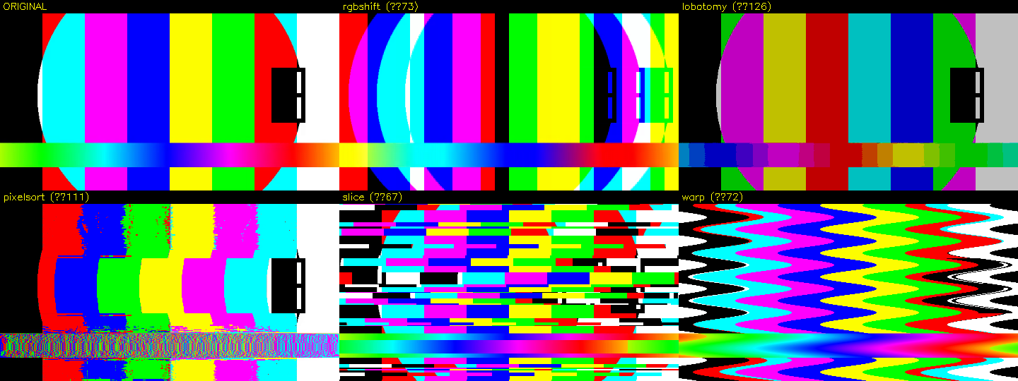 A test pattern run through several effects