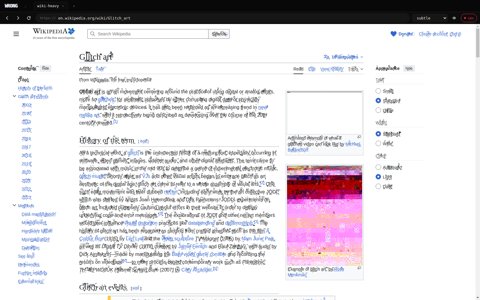 Wikipedia at high intensity — heavy zalgo, glitched JPEG