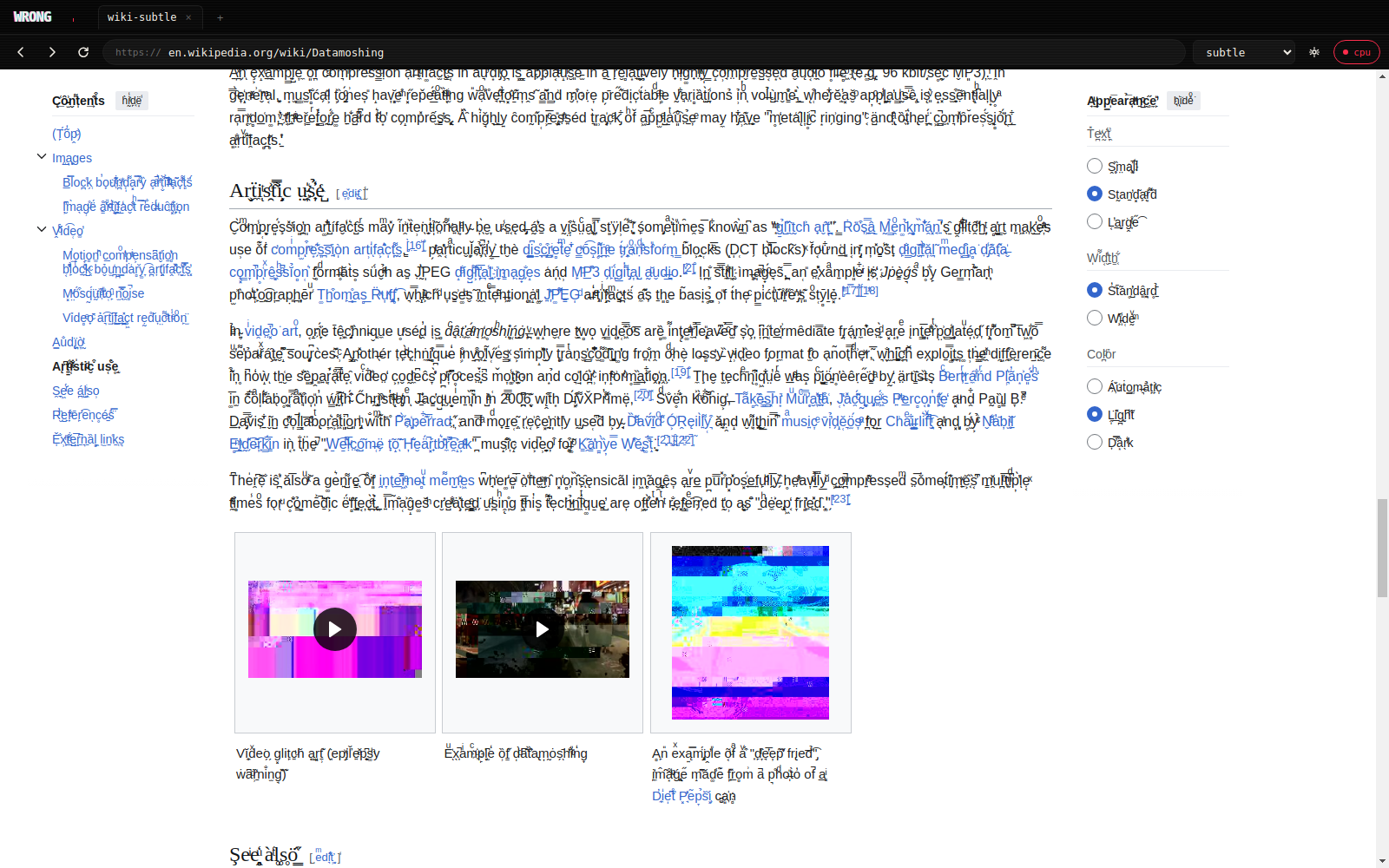Wikipedia at low intensity — light zalgo, mild image corruption